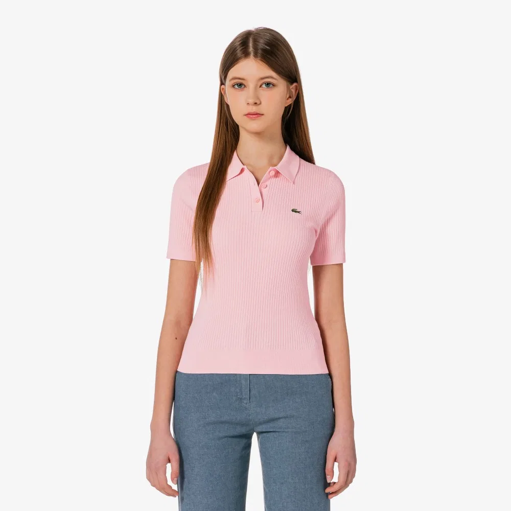 Свитер-поло Lacoste, рубчик, светло-розовый