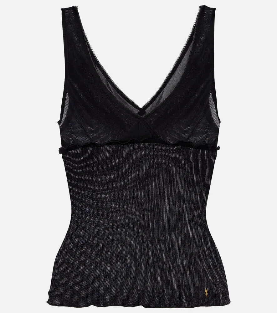 Шелковый атласный топ с фестончатым краем Saint Laurent, черный