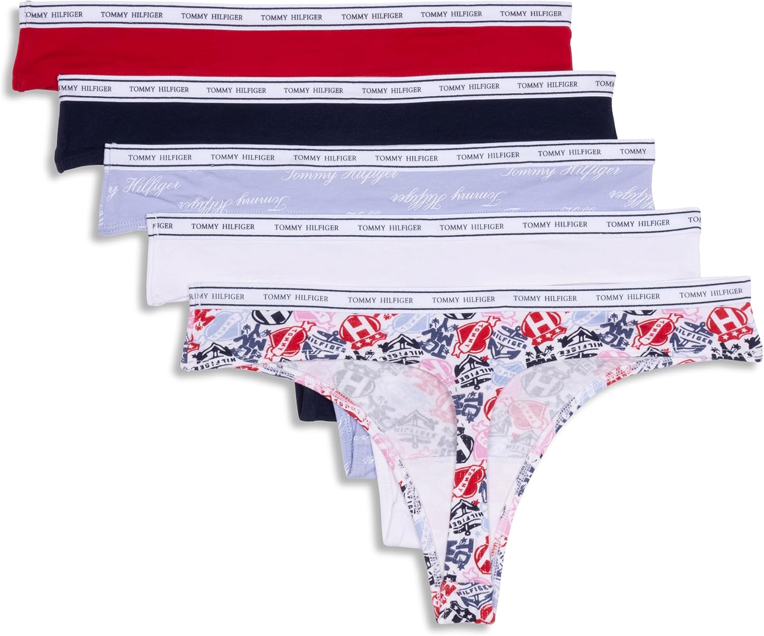 Женские классические хлопковые стринги Tommy Hilfiger с логотипом на поясе, упаковка 5 пар, Tattoo Elements Bright White/Bright White/Brunerra Blue Th Calligraphy/Heather Grey/Apple Red — фото 3
