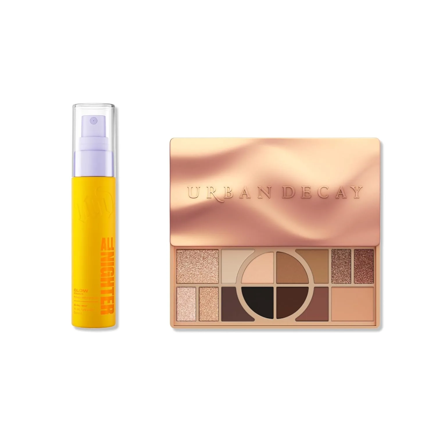 Urban Decay Naked Shaped Warm Palette и Dewy Setting Spray Travel Bundle - универсальные нейтральные оттенки и All Nighter Waterproof Setting Spray Glow (30 мл) для стойкого макияжа глаз и лица
