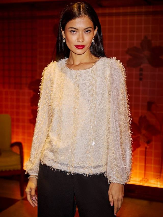 

Свитер с круглым вырезом и пайетками Yumi, Ivory