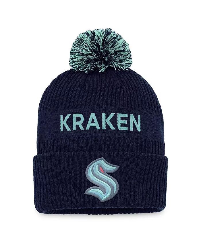 

Мужская темно-синяя, голубая вязаная шапка Seattle Kraken NHL Draft Authentic Pro с помпоном Fanatics