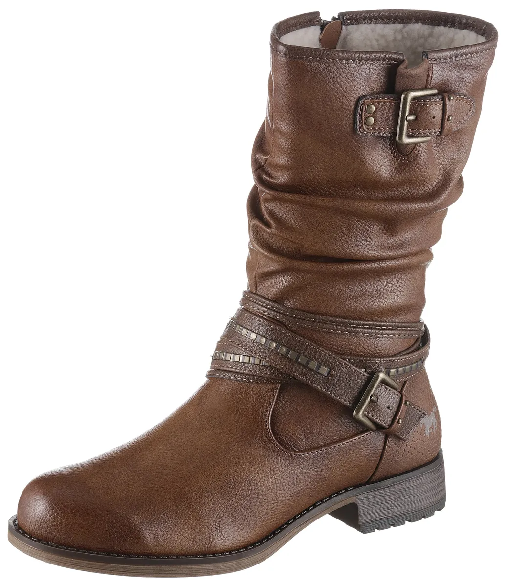 Зимние ботинки Mustang Shoes с декоративными пряжками на голенище с напуском, цвет Cognac-Used
