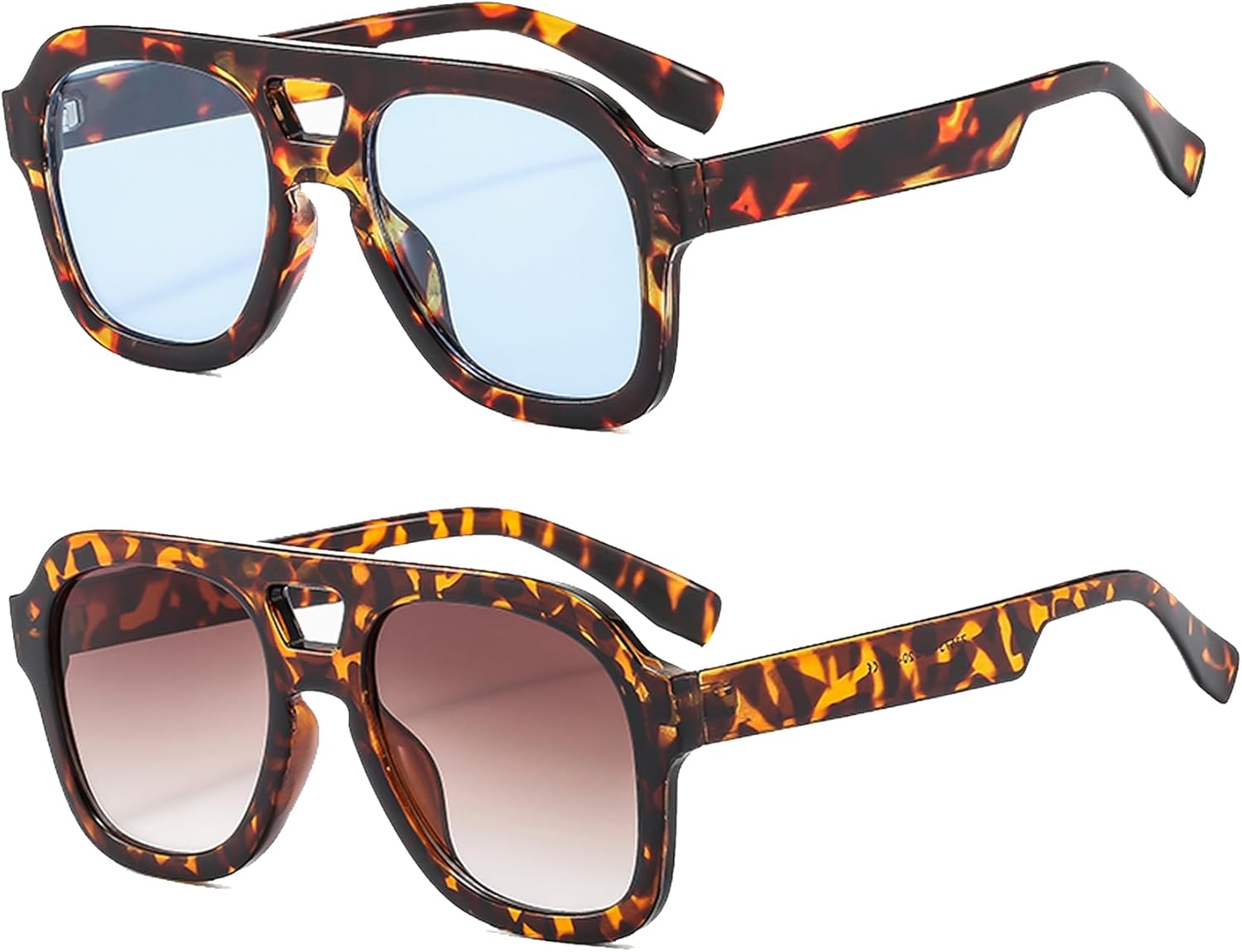 

Солнцезащитные очки Long Keeper Retro Pilot с двойной перемычкой, квадратная оправа, толстая рамка, винтажный стиль 70-х, защита от ультрафиолета UV400, (2 Pack) Leopard/Blue + Leopard/Brown