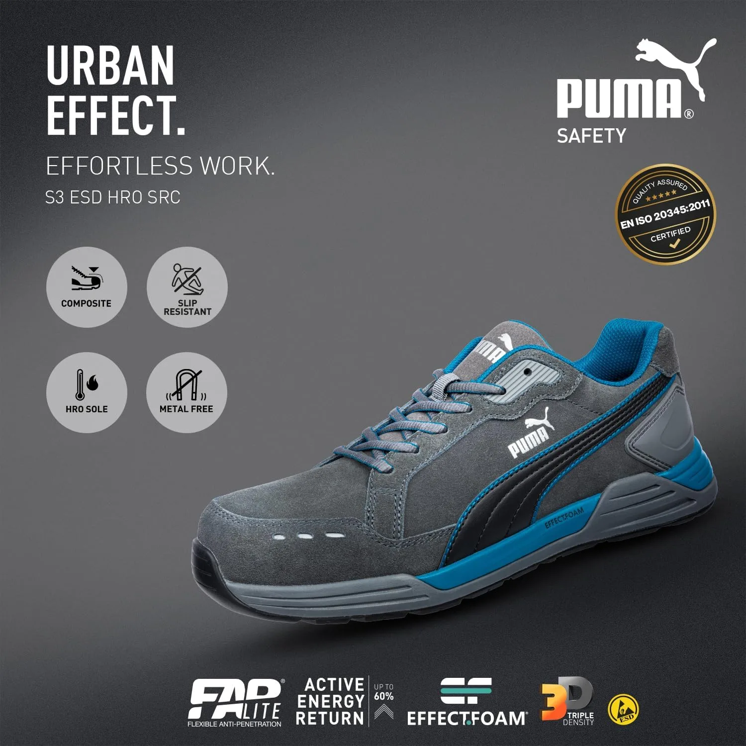 Высококачественные мужские ботинки Puma Safety Airtwist, защитные ботинки S3 ESD HRO SRC, защитный колпак из стекловолокна, защита от электроники, неустойчивая ножка, термостойкие, без металлических вставок, серый — фото 2