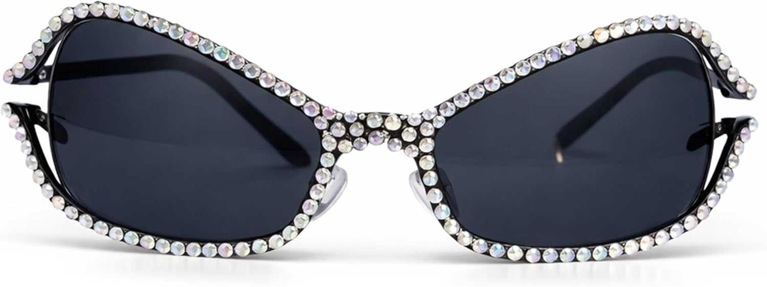 

bullabulling Модные футуристические солнцезащитные очки со стразами в стиле Y2k, обтекаемые солнцезащитные очки с блестящими кристаллами, защита от ультрафиолета UV400, Black/Ab
