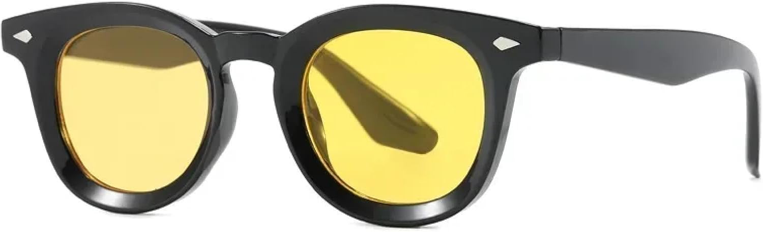 

Мужские солнцезащитные очки в стиле ретро с круглыми линзами, прозрачные линзы цвета океана, защита от УФ-излучения UV400, женские модные очки с заклепками TVTBBVV, Black Yellow