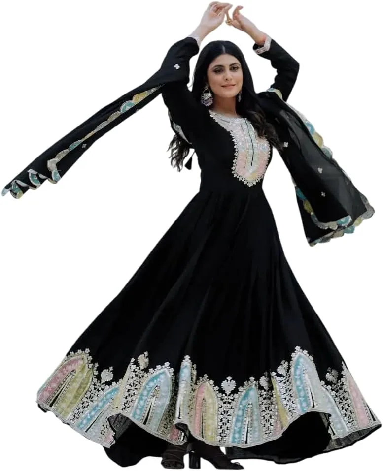 Narayan art and craft Женский комплект Анаркали Курти из шифонового шелка с многониточной вышивкой и дупаттой GENERIC, черный