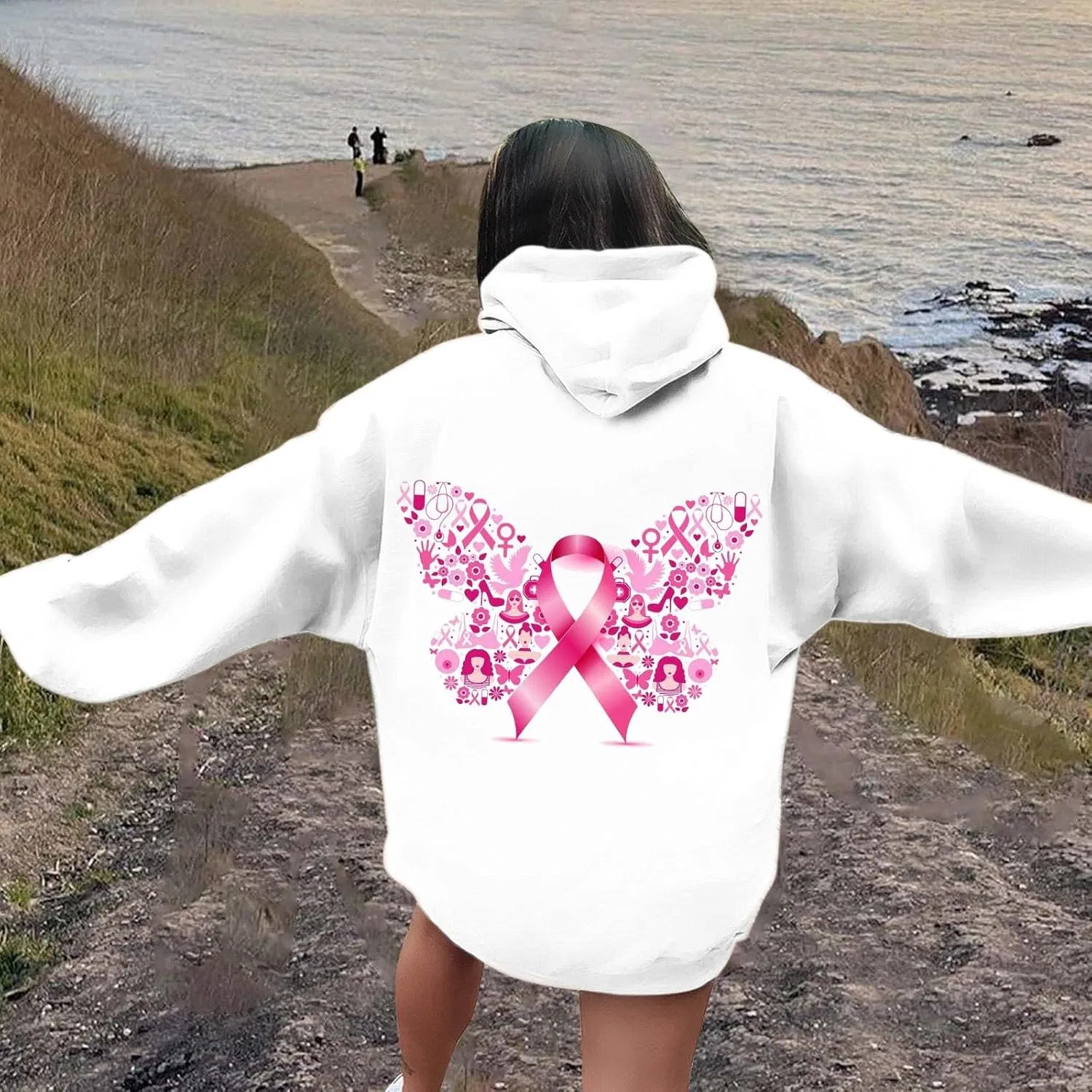 Худи женское с принтом Rainbow, бренд Breast Cancer, на молнии, белое — фото 3