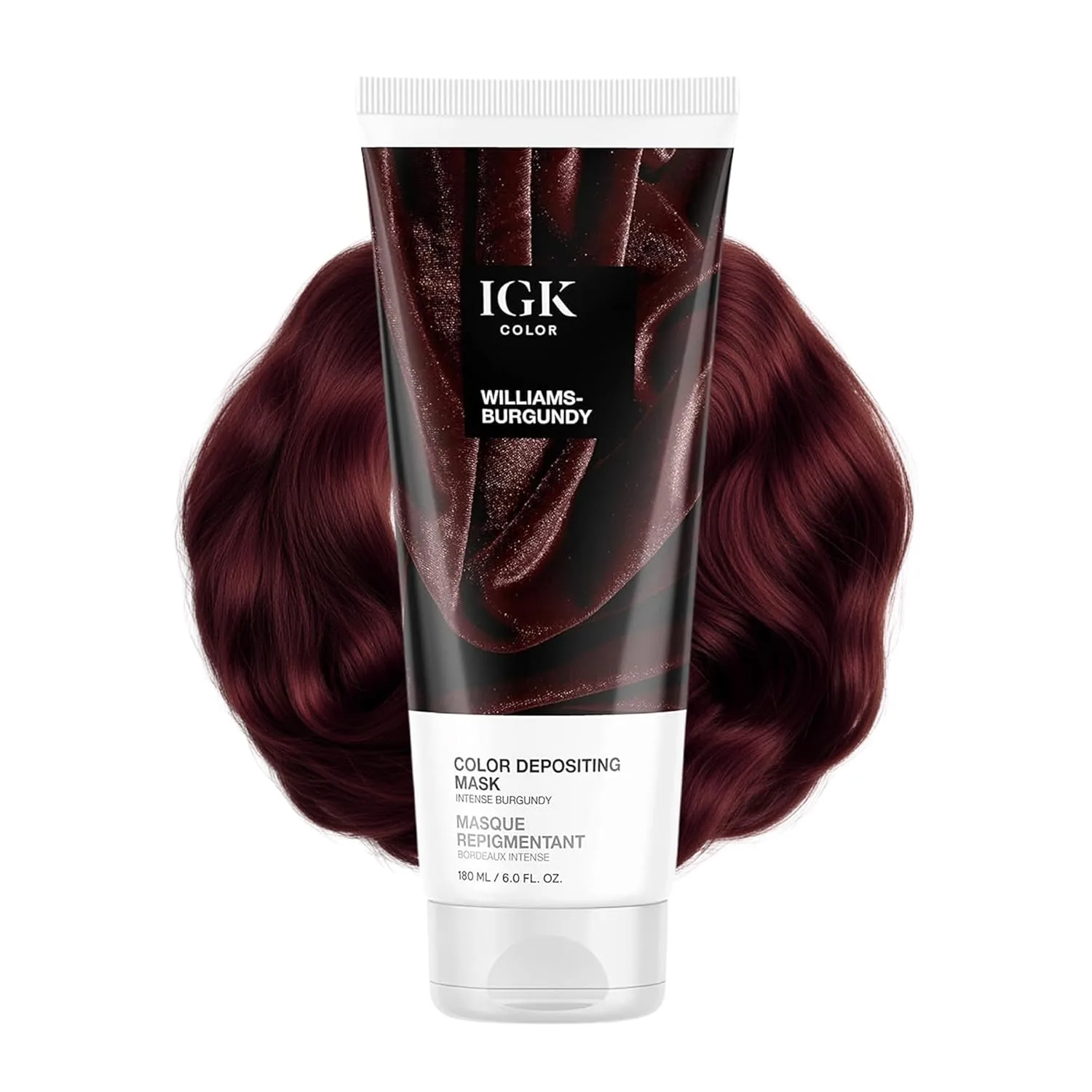 IGK Williams Burgundy Color Depositing Hair Mask, интенсивный бордовый полуперманентный окрашивающий кондиционер и тонирующий глянец, увлажняющая формула для блеска и обновления цвета, веганский, без жестокости, 170 г, Williams Burgundy (Intense...