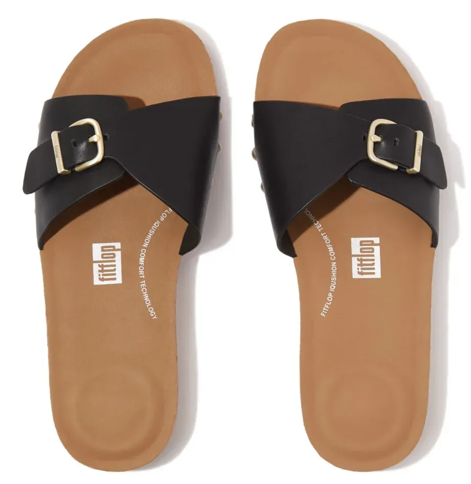 

Мюли Fitflop "IQUSHION ADJUSTABLE BUCKLE LEATHER SLIDES", летняя обувь, тапочки с регулируемой повязкой, черный