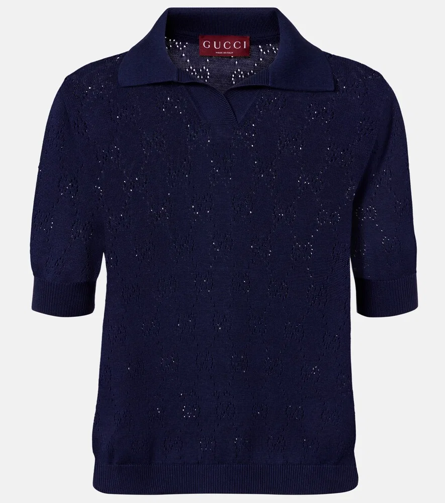 Поло-рубашка Gucci GG из шелка и хлопка, ажурная отделка, классический синий
