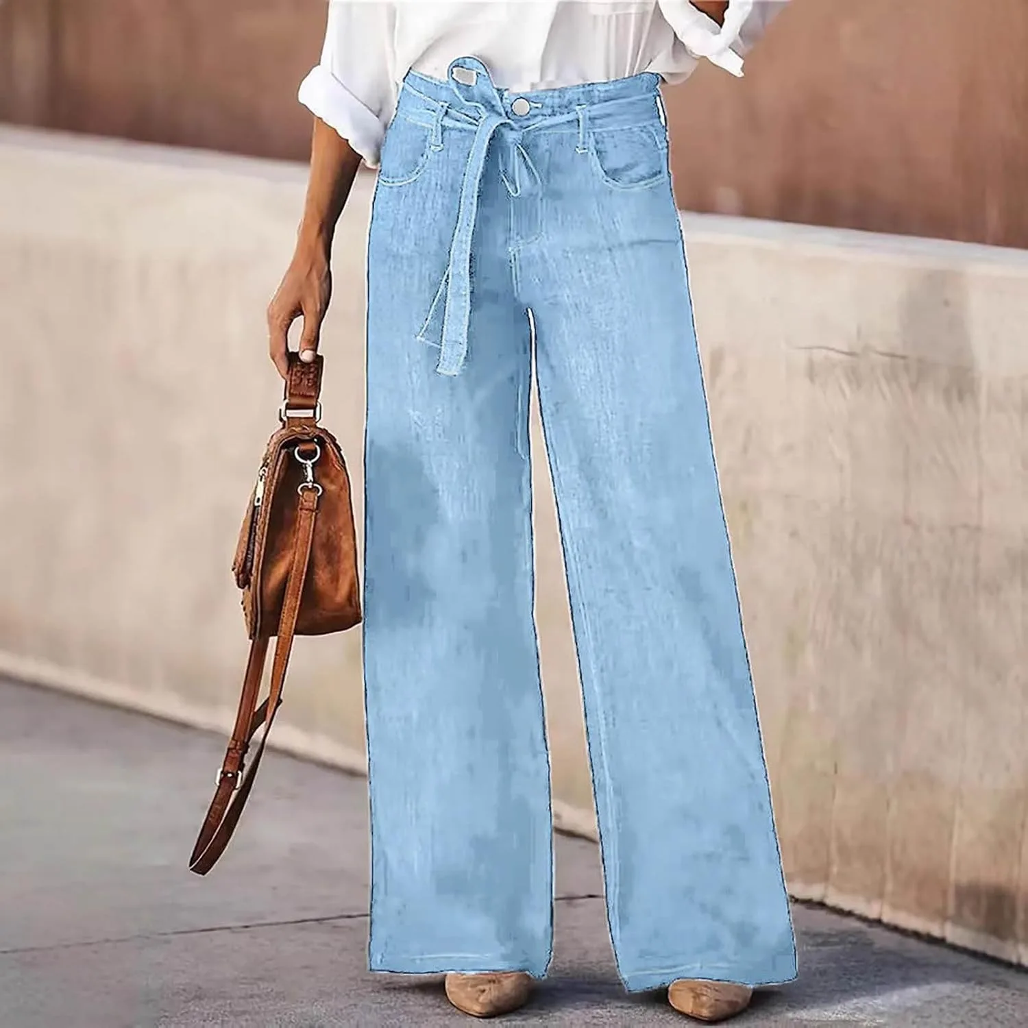 Женские джинсы Casual Wide Leg с высокой посадкой и завязкой — фото 2