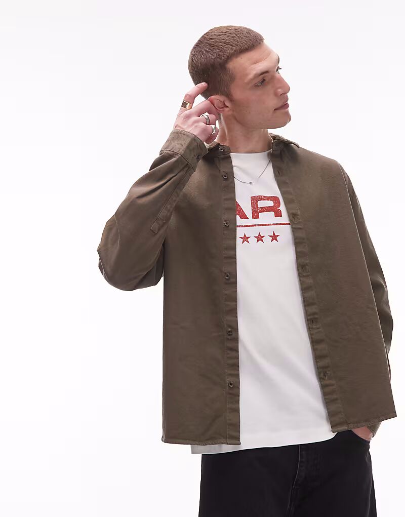 

Верхняя рубашка Topman с длинными рукавами из стираной парусины цвета хаки