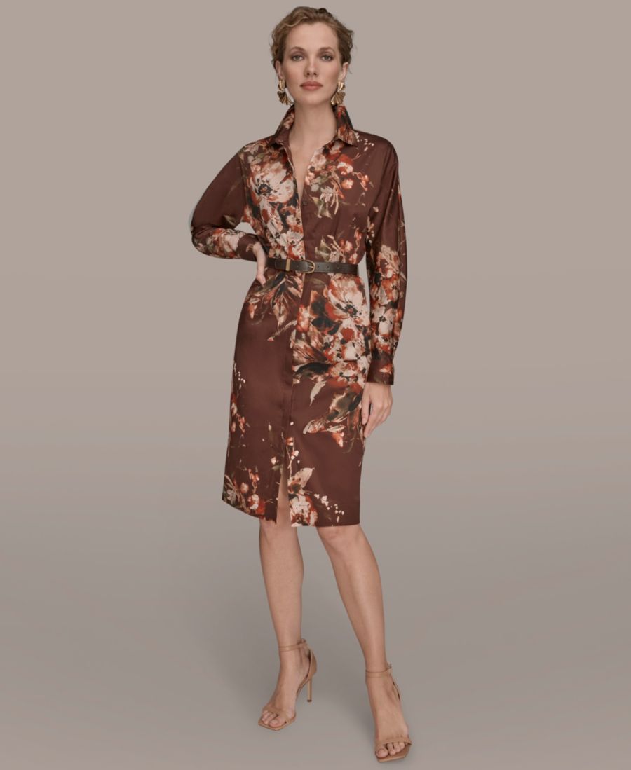 

Женское платье с цветочным принтом и поясом Donna Karan New York, Oxblood Multi