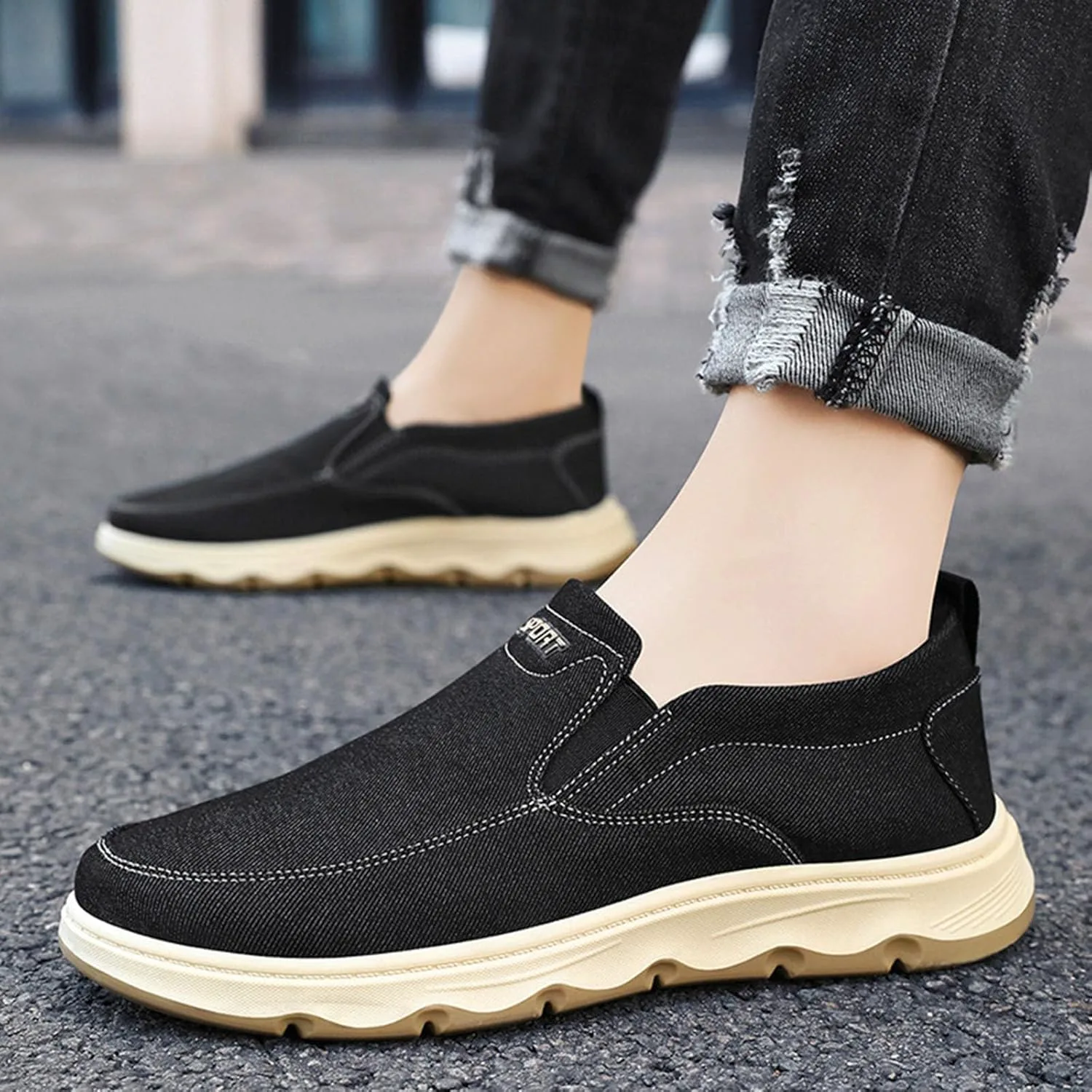 Мужская повседневная обувь Espadrilles Удобные легкие лоферы с плоской резиновой подошвой для прогулок по пляжу Generic, черный — фото 3