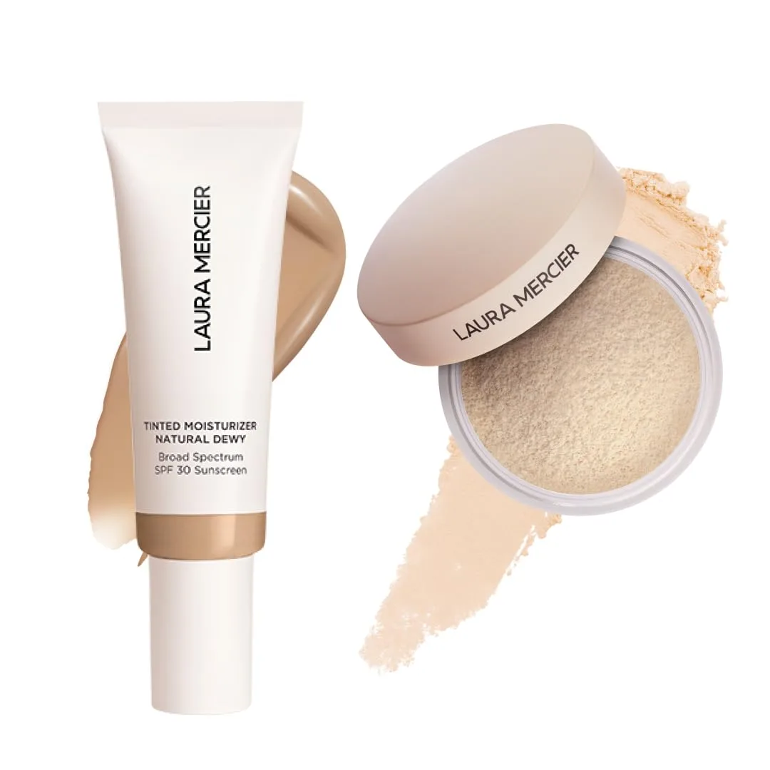 Laura Mercier тонирующий увлажняющий крем Natural Dewy с SPF 30, 24-часовая гидратация, оттенок 3N Sand и рассыпчатая пудра Translucent Loose Talc-Free Setting Powder Ultra-Blur с гиалуроновой кислотой, оттенок Translucent
