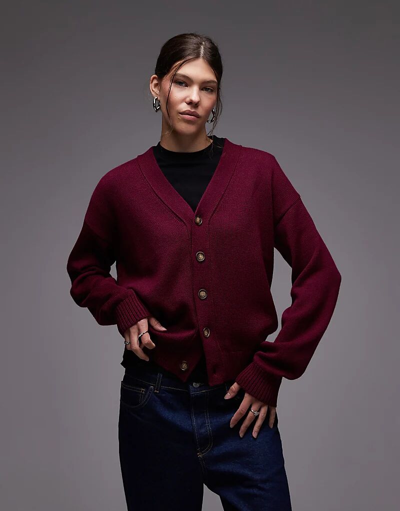 

Кардиган свободного кроя из смеси мериносовой шерсти CAT WWR с логотипом на спине бордового цвета