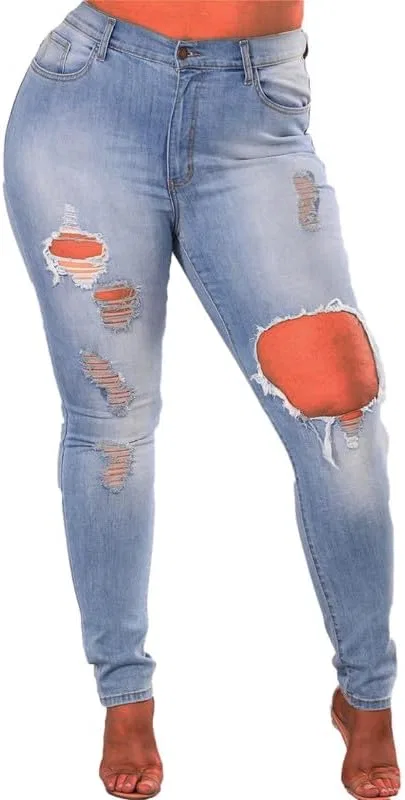 Джинсы скинни с потертостями, Plus Size, синий