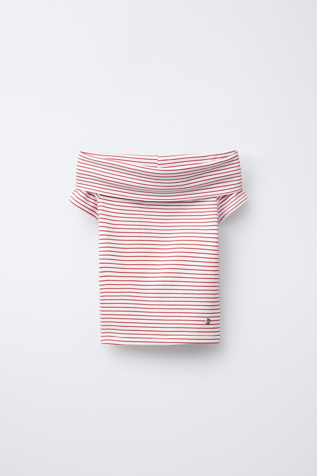 

Полосатая футболка с открытыми плечами ZARA, цвет Red/White