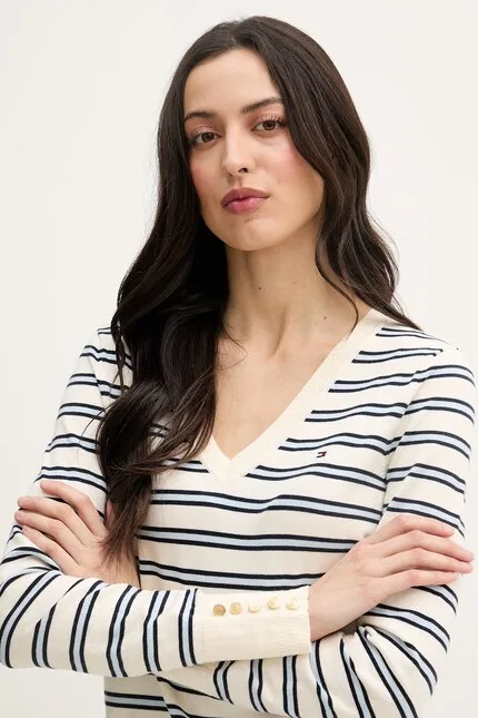 Свитер с полосками модель из мягкого хлопка Tommy Hilfiger, бежевый — фото 4
