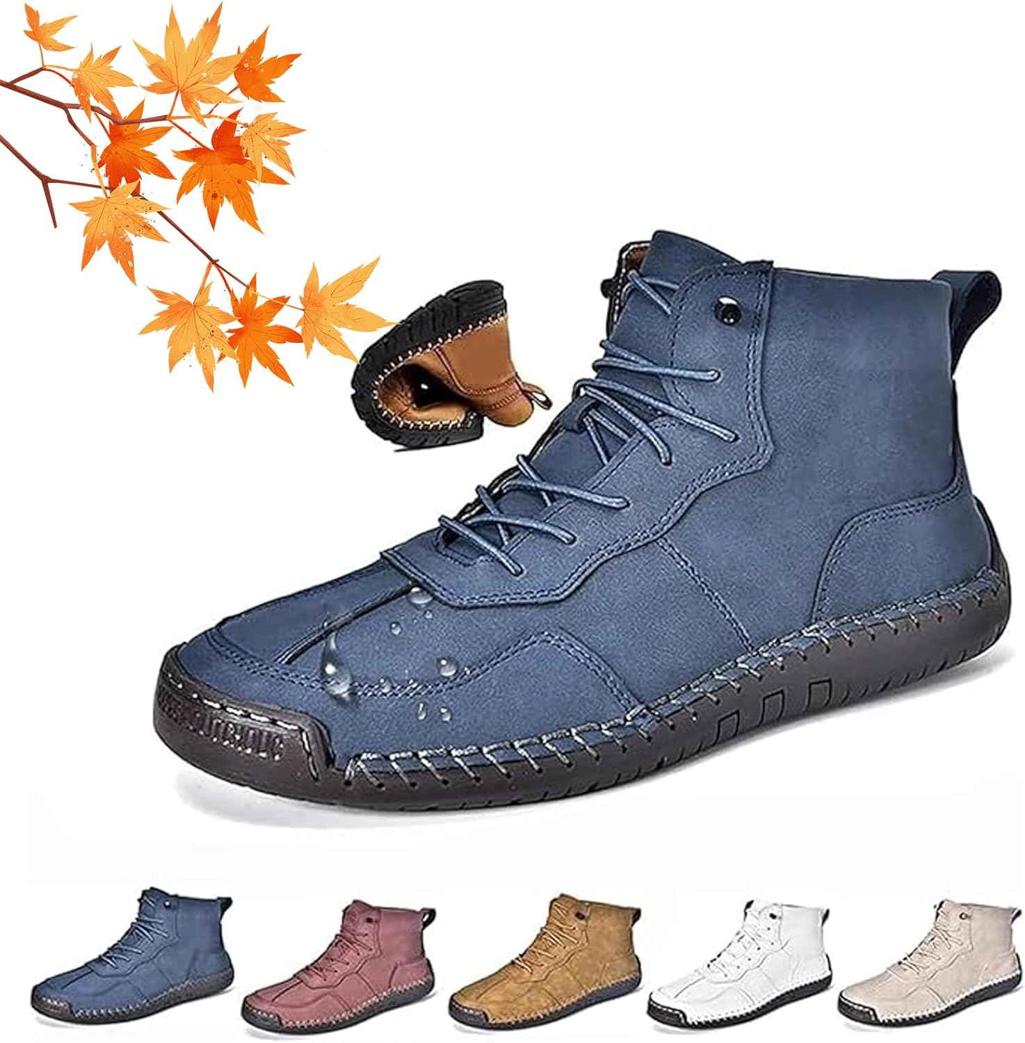 

Мужские ортопедические комфортные кожаные ботинки ручной работы, мужские кожаные ботинки с ручной прошивкой- широкий носок, наружная плоская подошва, водонепроницаемые, противоскользящие, дышащие ортопедические туфли Wxdstw, синий