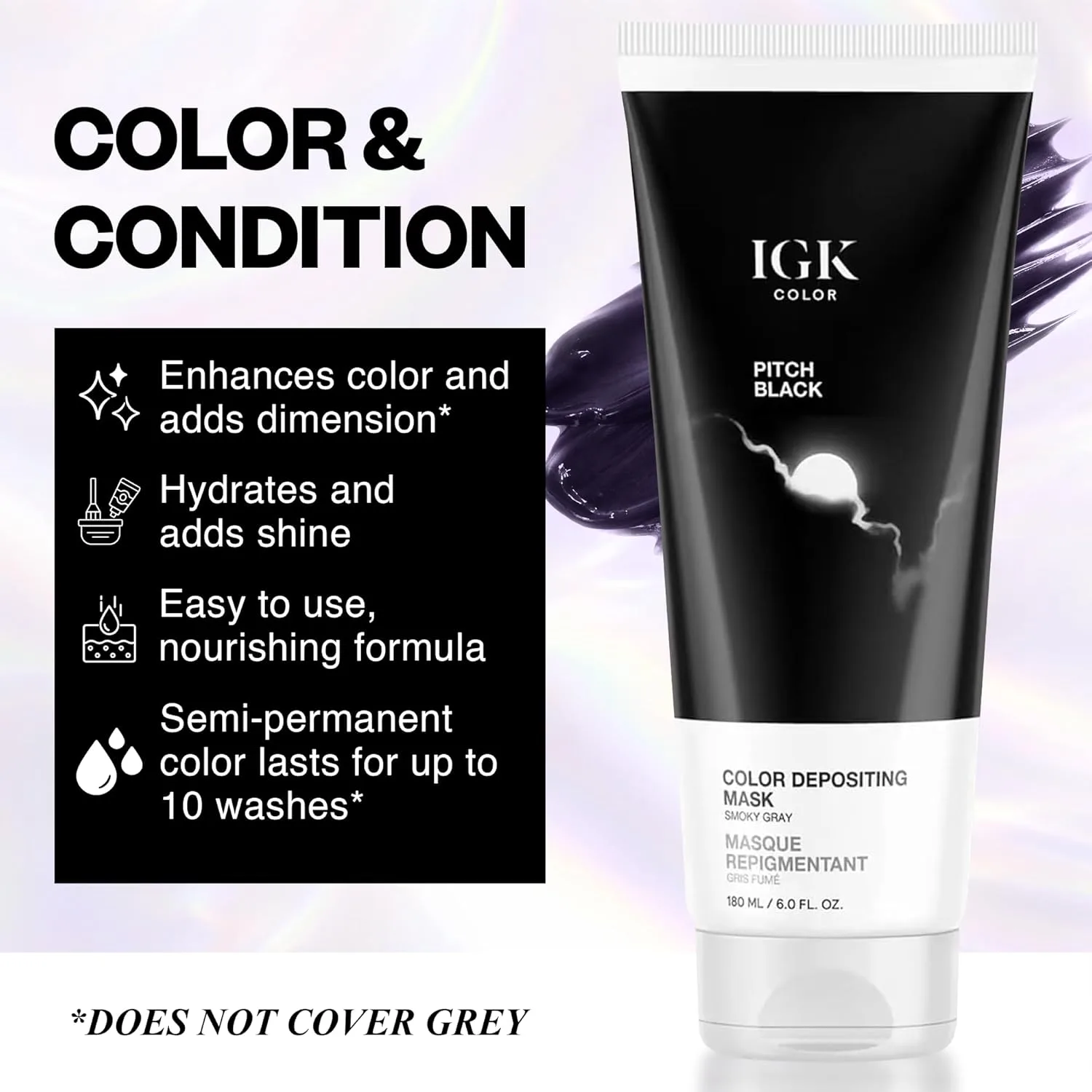 IGK Pitch Black Color Depositing Hair Mask, Smoky Gray полуперманентный кондиционер и тонирующий блеск, увлажняющая формула для сияния и обновления цвета, веганский, без жестокости, 170 г, Pitch Black (Smoky Gray) — фото 2