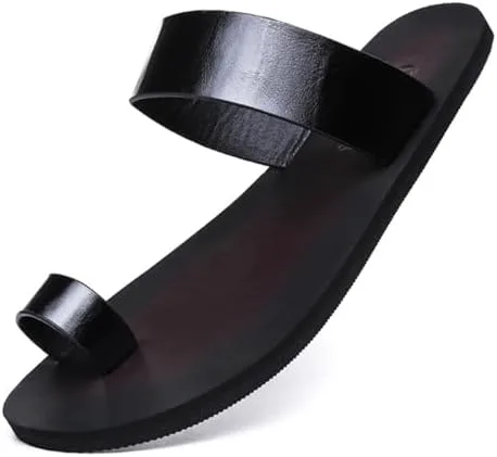 

Мужские черные шлепанцы Lossarye из искусственной кожи PU с плоской подошвой, удобные с кольцом для пальца, слипоны, повседневные вьетнамки, летние нескользящие пляжные тапочки для дома и улицы, черный