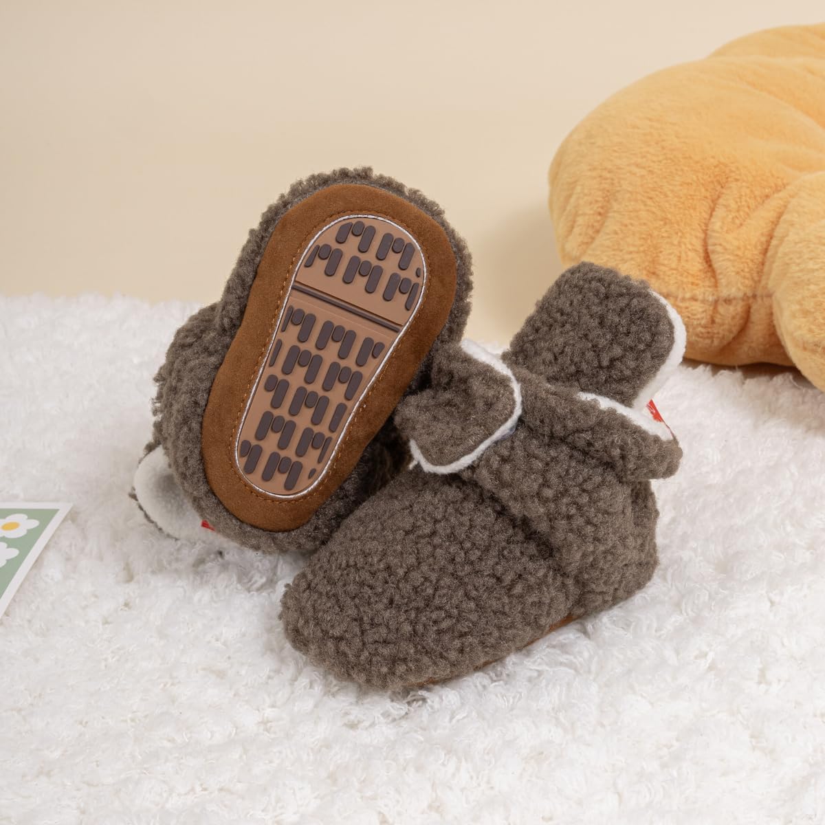 HsdsBebe Унисекс Новорожденные Детские Хлопковые Пинетки с Нескользящей Подошвой для Малышей Мальчиков и Девочек Зимние Теплые Флисовые Носочки-Обувь, 2210/Grayish Brown-Rubber Sole — фото 3