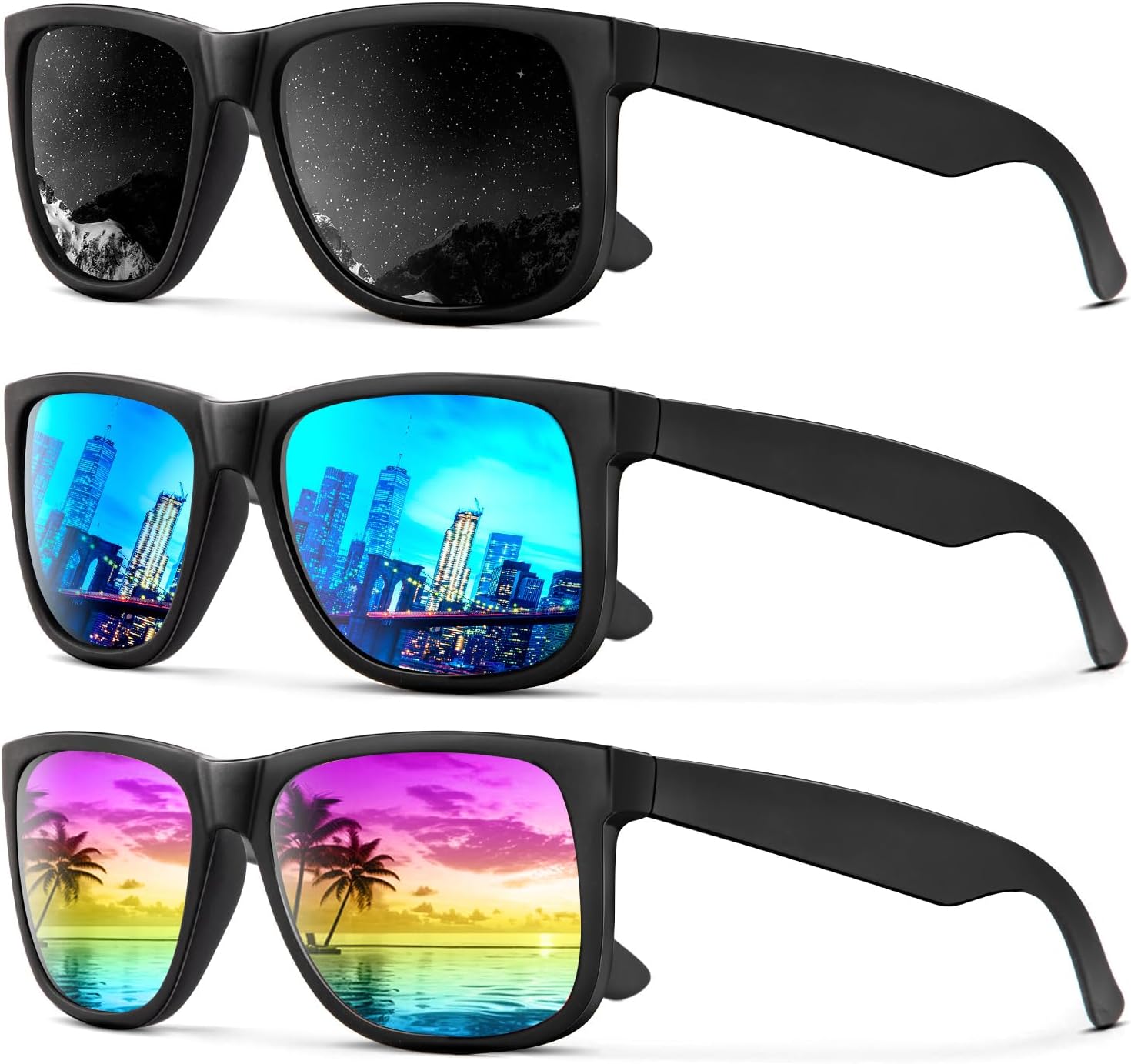 

Солнцезащитные очки KALIYADI для мужчин и женщин, поляризованные, классическая матовая черная оправа, защита от УФ-излучения, комплект из 3 штук, (3 Pack) Black/Ice Blue/Rainbow