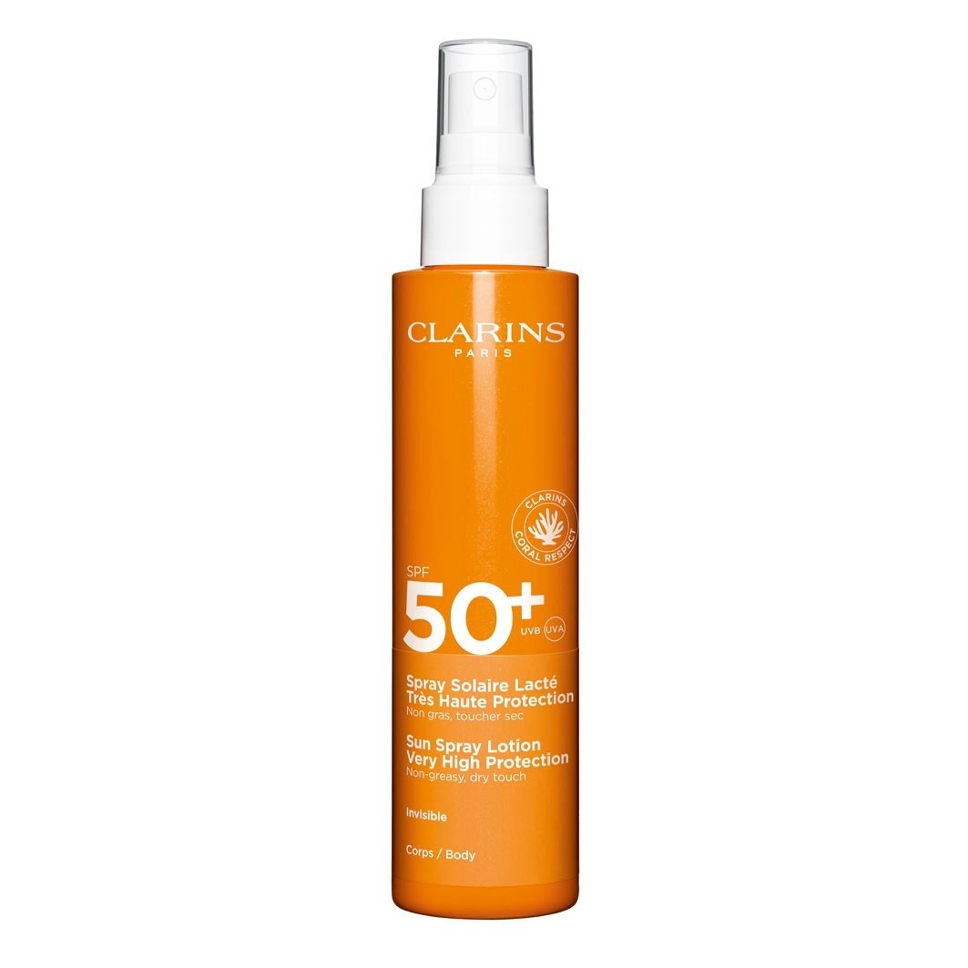 

Солнцезащитный крем sun care spray solaire lacté très haute protection spf 50+ Clarins, объем 150 мл