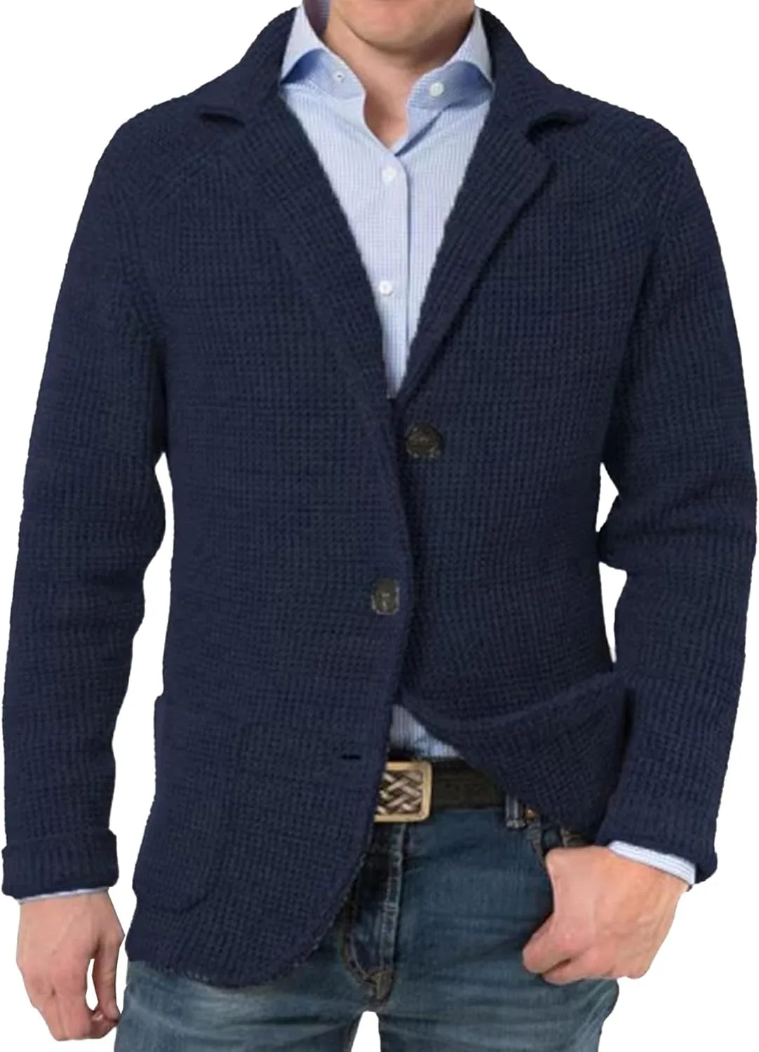 

Мужской кардиган с воротником-шалью, кабельной вязкой и Slim Fit