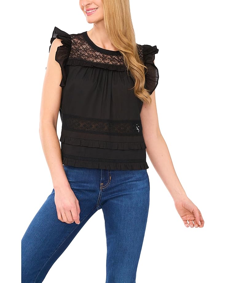 

Топ CeCe Lace Inset Ruffle Detail Top, цвет Rich Black