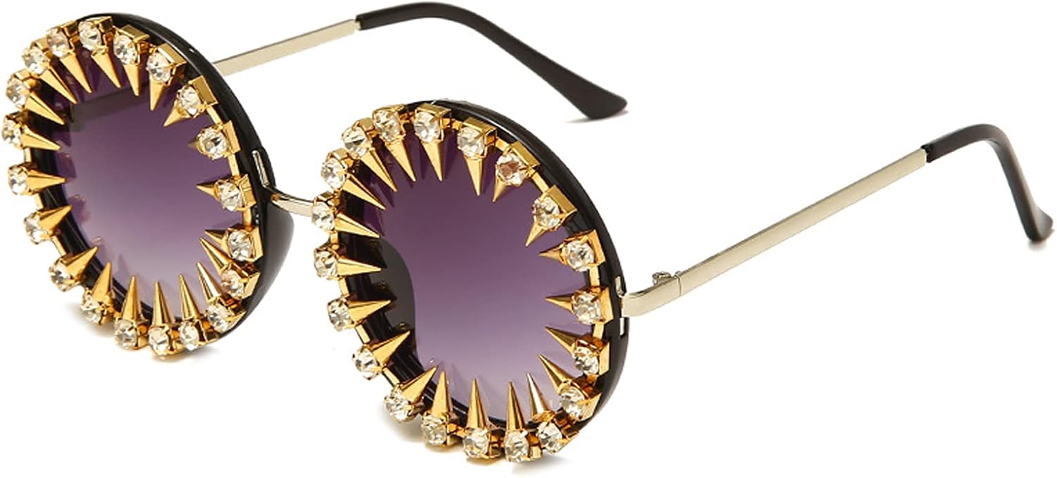 

Женские круглые солнцезащитные очки COTIA с крупными стразами и заклепками, в стиле ретро-панк, с металлической оправой, роскошные солнцезащитные очки с кристаллами и бриллиантами, Gray