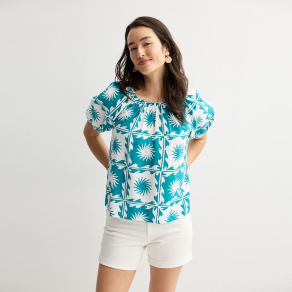 

Топ в крестьянском стиле Petite femme Sonoma Goods For Life, цвет teal sun print