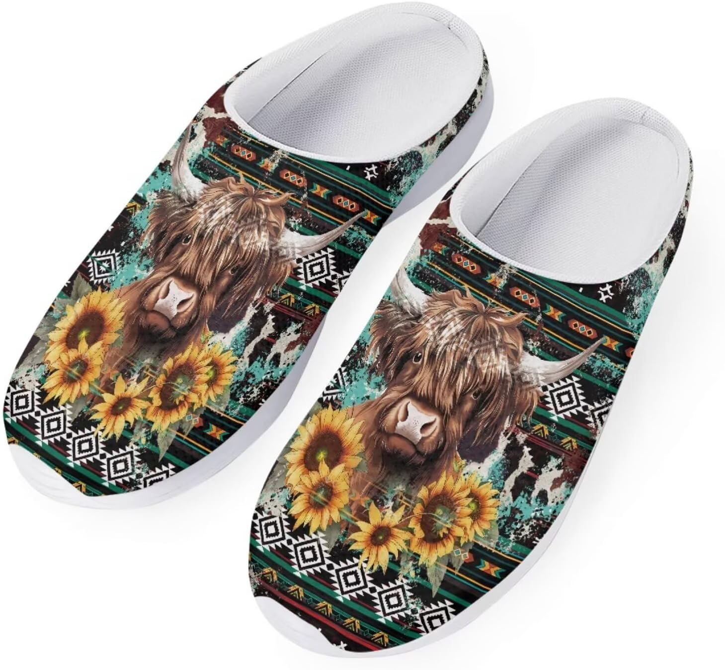 

Женские слипоны-кроссовки Forchrinse с тропическим ананасом и плюмерией, дышащие, для ходьбы, сабо, домашние и пляжные тапочки, обувь для медсестер, легкие, Aztec Highland Cow Sunflower