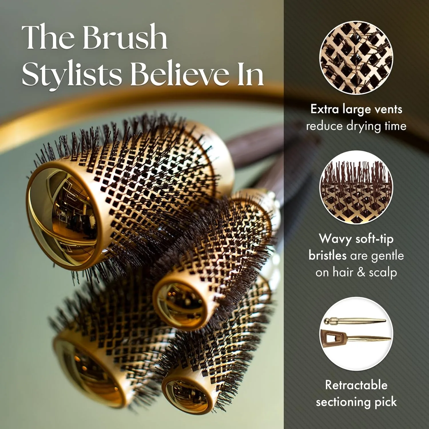 Термощетка для укладки волос Olivia Garden NanoThermic Ceramic + Ion Round Thermal Hair Brush - не электрическая - профессиональная щетка для нормальных и густых волос. 4,4 см, Gold / Chocolate — фото 4