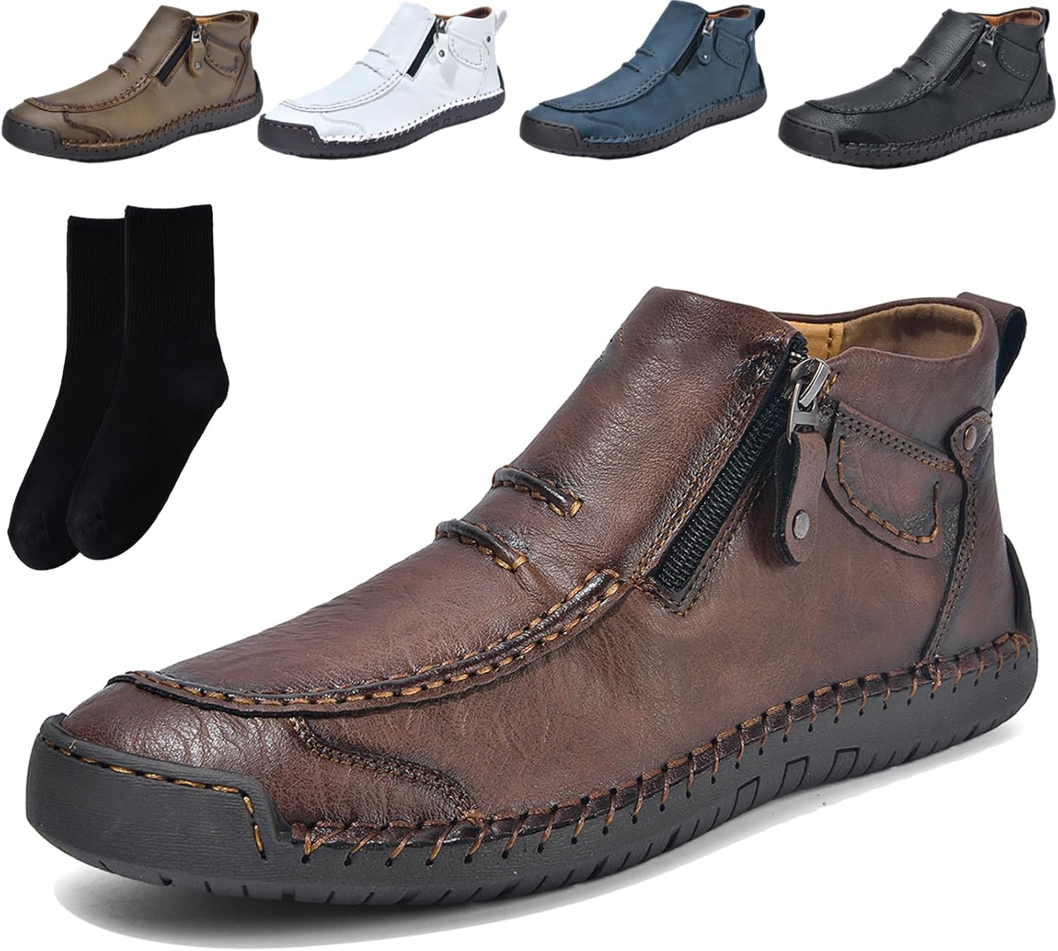 

Мужские ортопедические кожаные ботинки XYLAWAVE с боковой молнией, слипоны, ручная работа, винтажные мужские лоферы из искусственной кожи, обувь для вождения, повседневные удобные ботинки до щиколотки с противоскользящей подошвой, темно-коричнев...