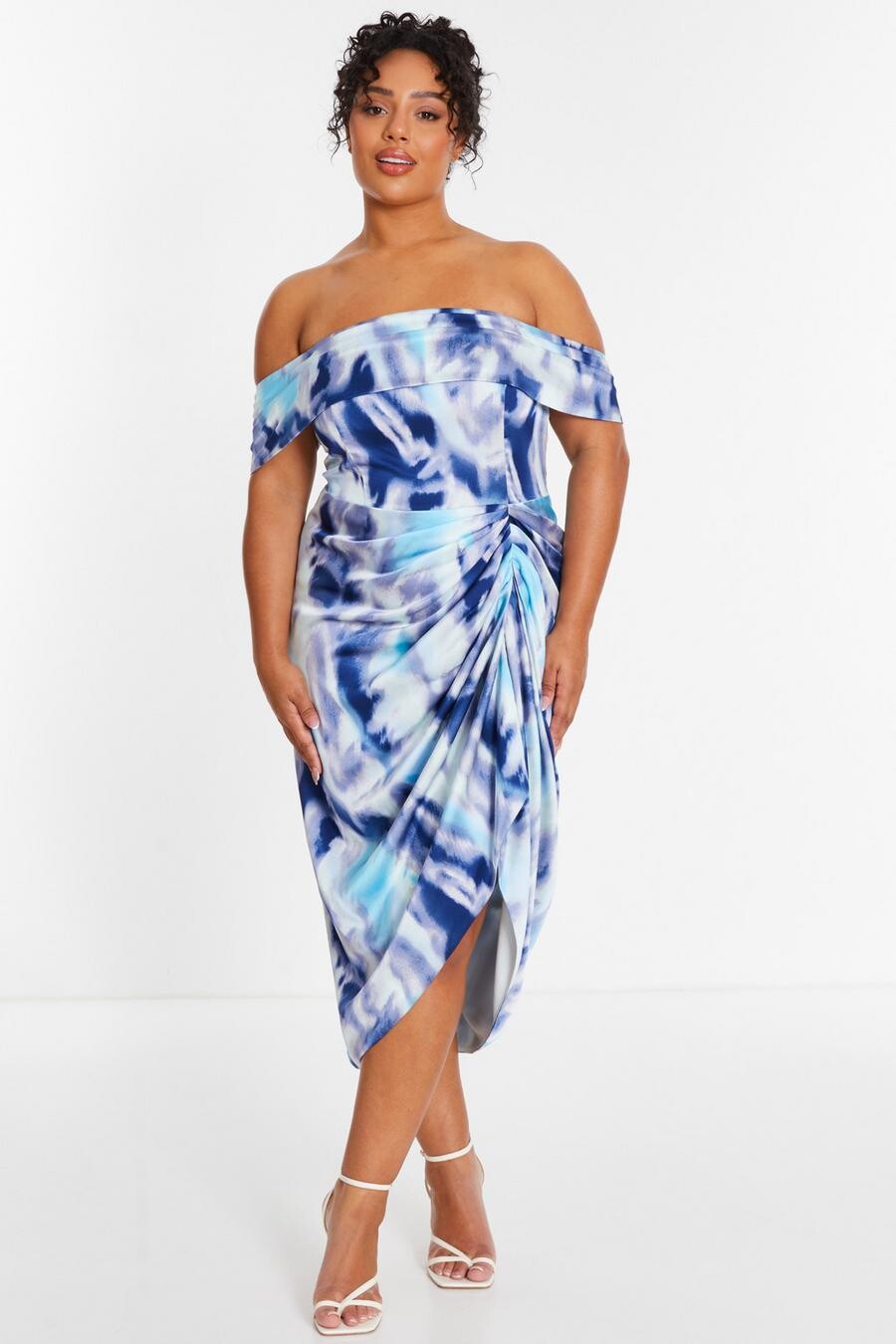 

Платье-миди Curve Blue Marble Print Bardot QUIZ Clothing