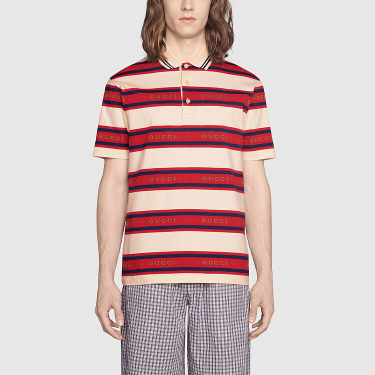 Рубашка поло Gucci мужская, в красную и белую полоску, Red and White Stripes — фото 2