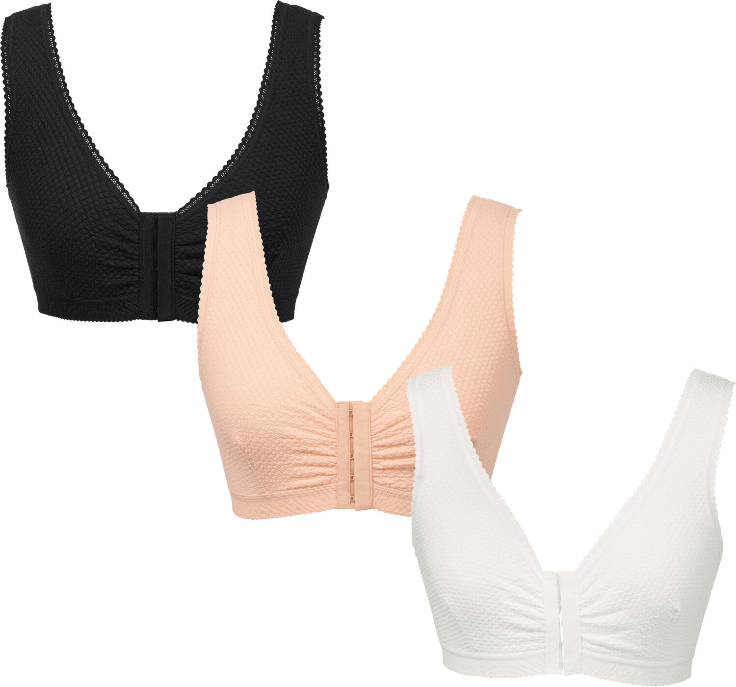 

Бюстгальтер без косточек MedoVital Vorderverschluss BH ohne Bügel 3er Pack, цвет weiß/haut/schwarz