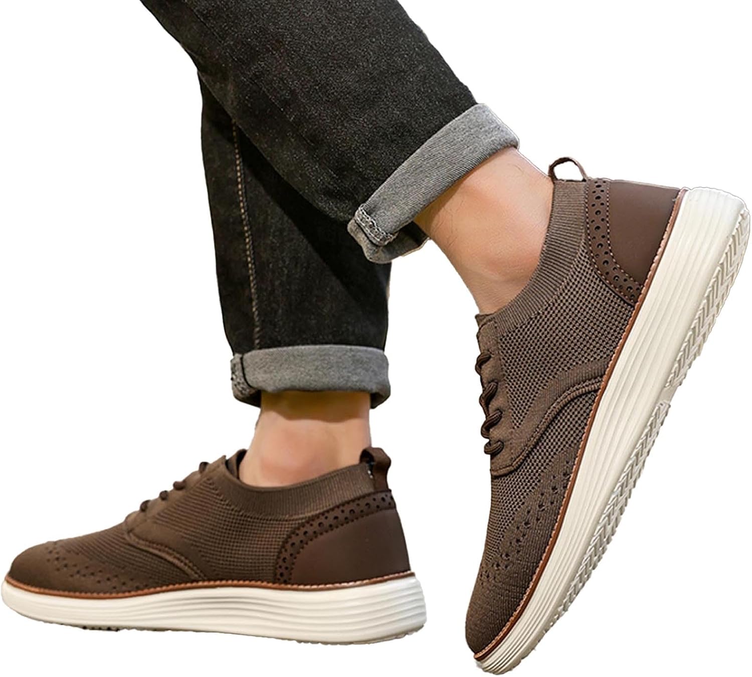 Мужские кроссовки Oxfords, легкие вязаные слипоны на шнуровке, сетчатые лоферы, классические нескользящие кроссовки для спорта, тренажерного зала, тенниса и ходьбы Xjypuu2, коричневый — фото 3