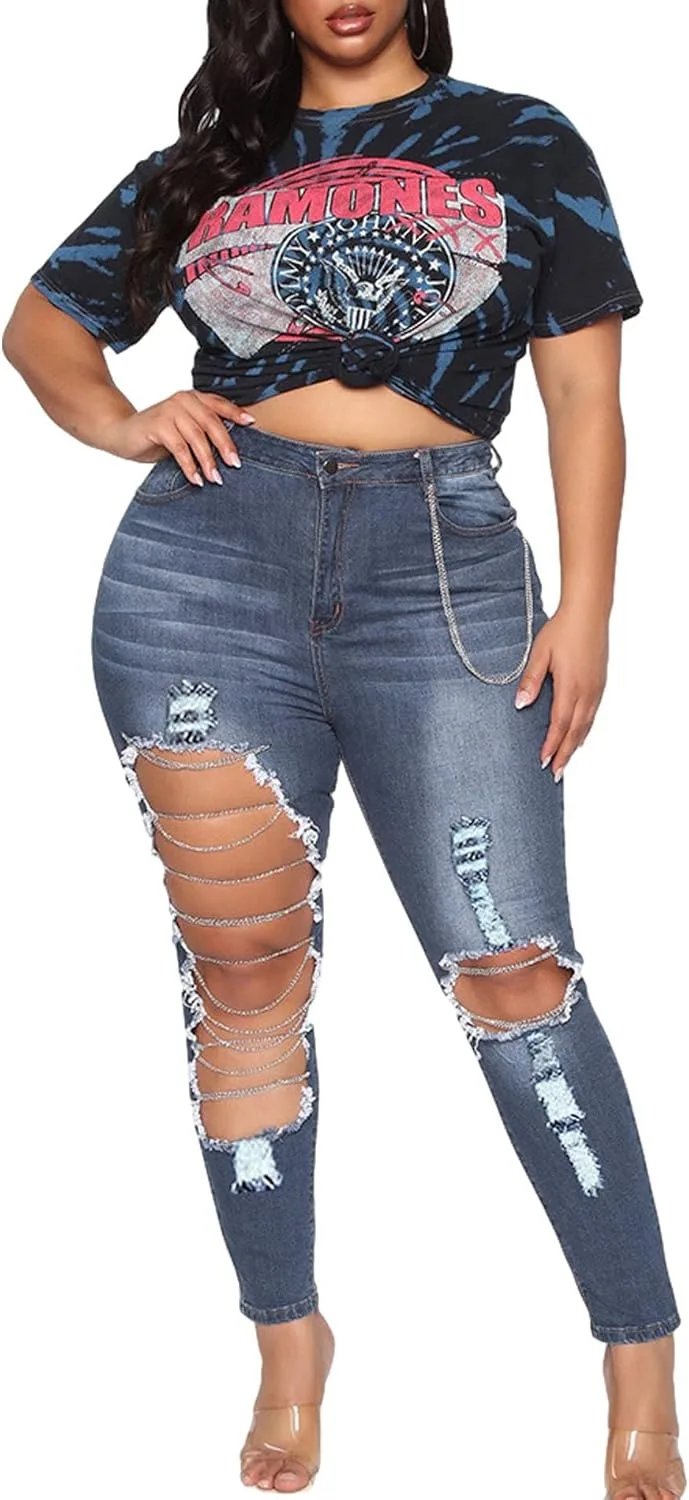 

Sexyshine Женские джинсы High Waist Destroyed Ripped Chain Big Hole