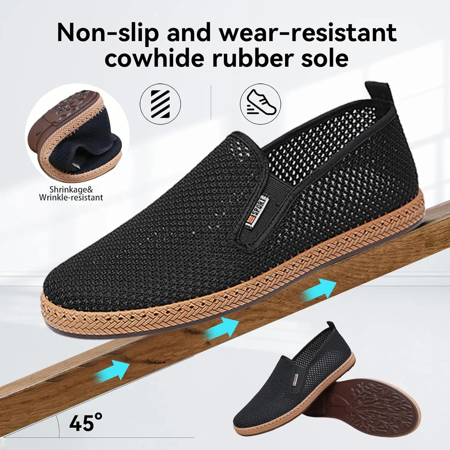 Мужские лоферы дышащие, Men's Canvas Slip on Shoes, черная сетка Wsvpeto — фото 3