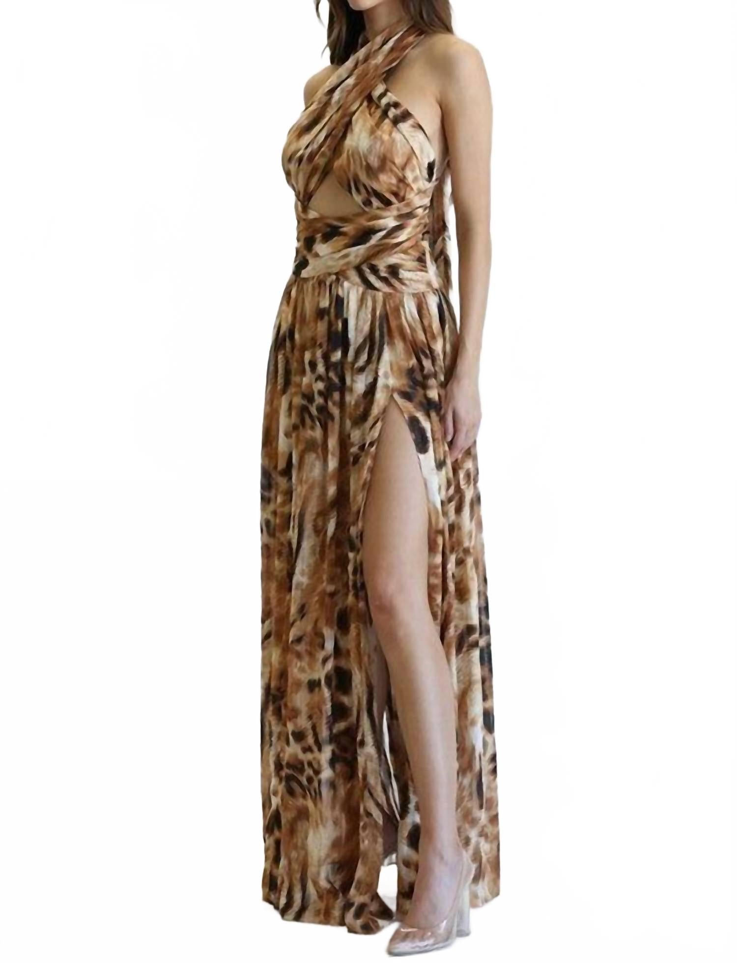 

Blithe Женское длинное платье с леопардовым принтом и перекрестными лямками, коричневого цвета
