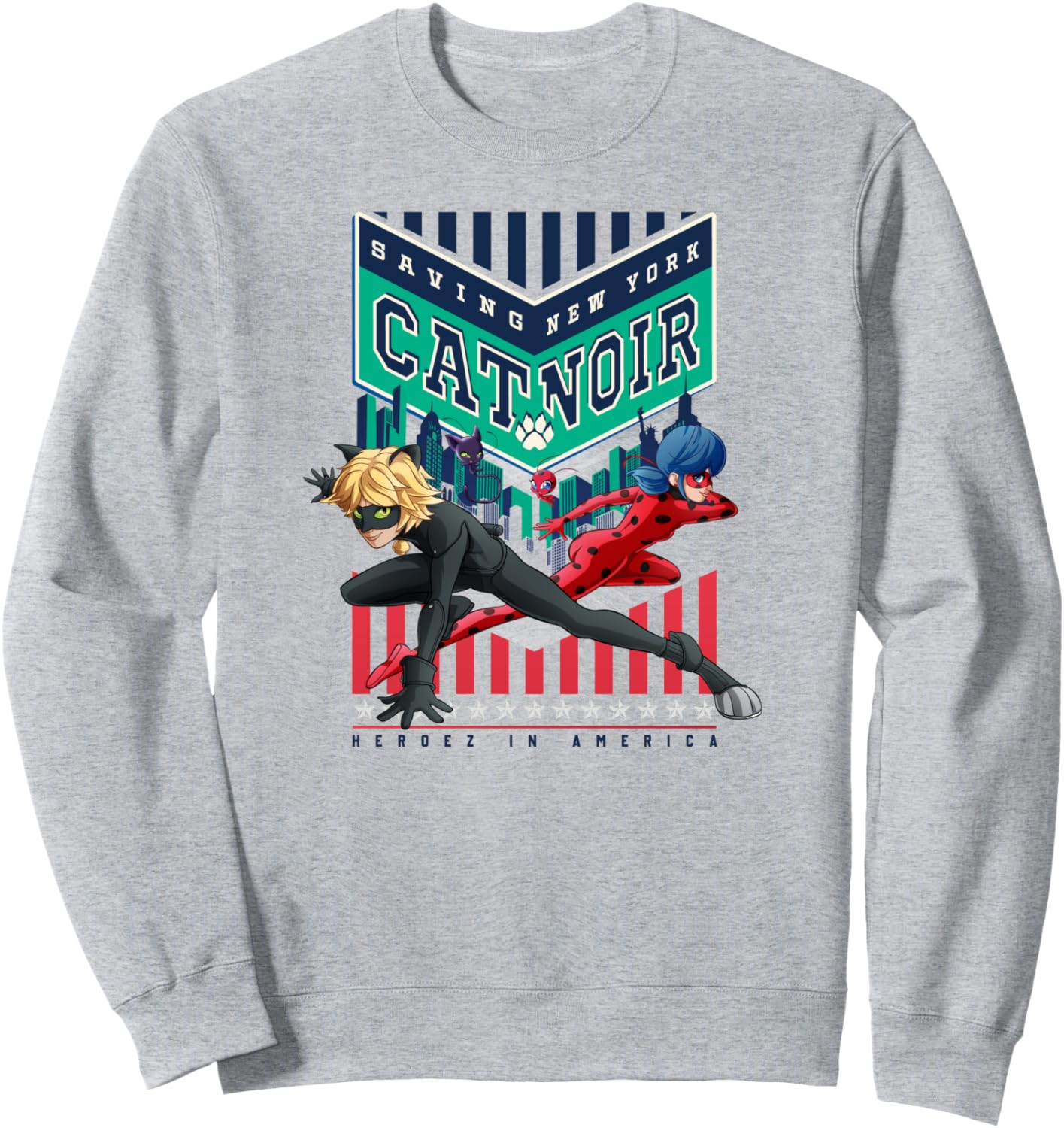 

Толстовка с изображением Чудесной Ледибаг и Кота Нуара, спасающего Нью-Йорк Miraculous, серый