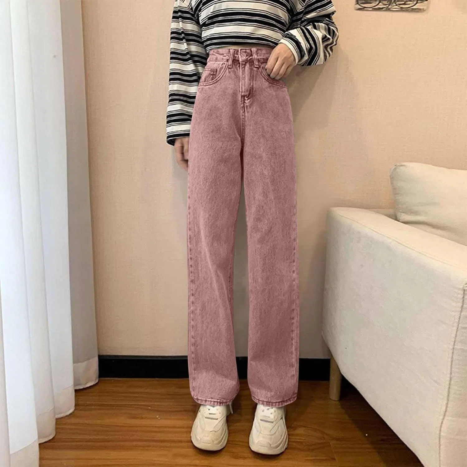 Джинсы прямые с высокой талией, растяжимые, свободные, Pink — фото 3
