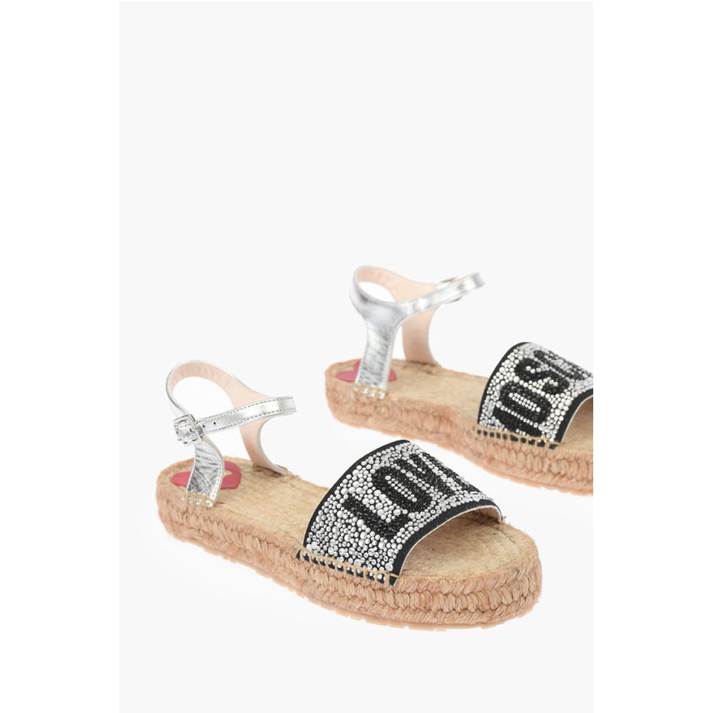 Сандалии LOVE из ламинированной кожи с ремешком на щиколотке и стразами Moschino, Silver
