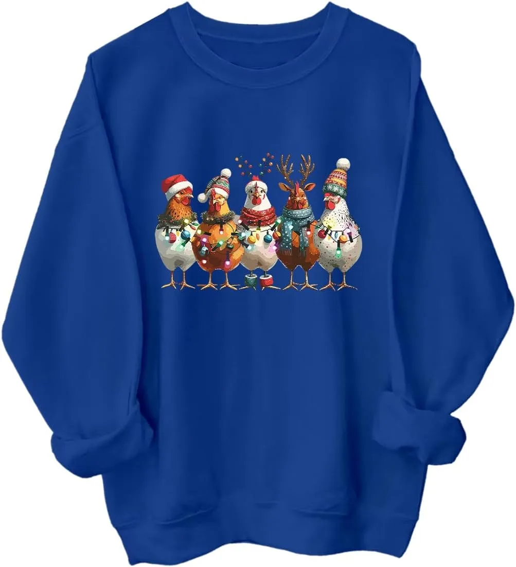 

Свитшот с рождественским цыпленком, Funny Chickens Christmas Santa Hat Reindeer Country