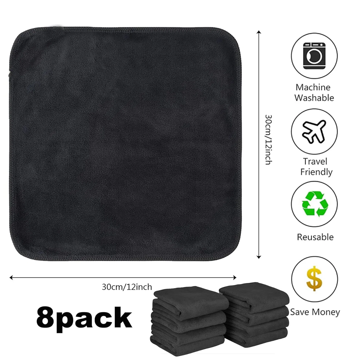 Набор BW&HM — Из 8 микрофибровых салфеток для снятия макияжа 30x30 см , Black — фото 2